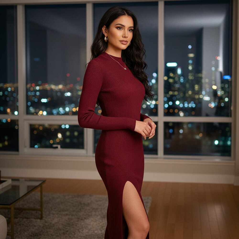 Ribbed Midi Dress – Burgundy Long Sleeve Bodycon with Side Slit